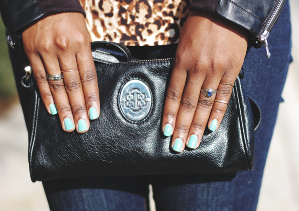 leopard and leather, leopard print, gold rings, mint green nails, essie turquoise and caicos, midi rings 