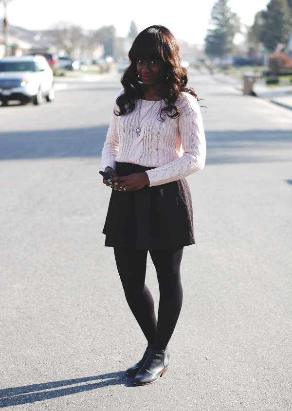 girly outfit, sweater and skirt, pink and black, affordable outfit, cute winter outfit