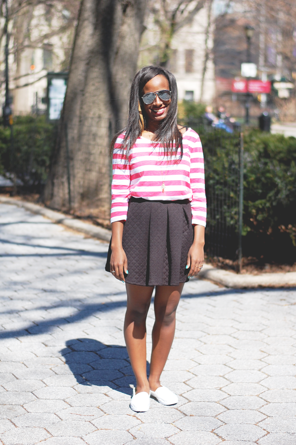 spring outfit, girly spring outfit, striped shirt and miniskirt, black miniskirt, spring skirt