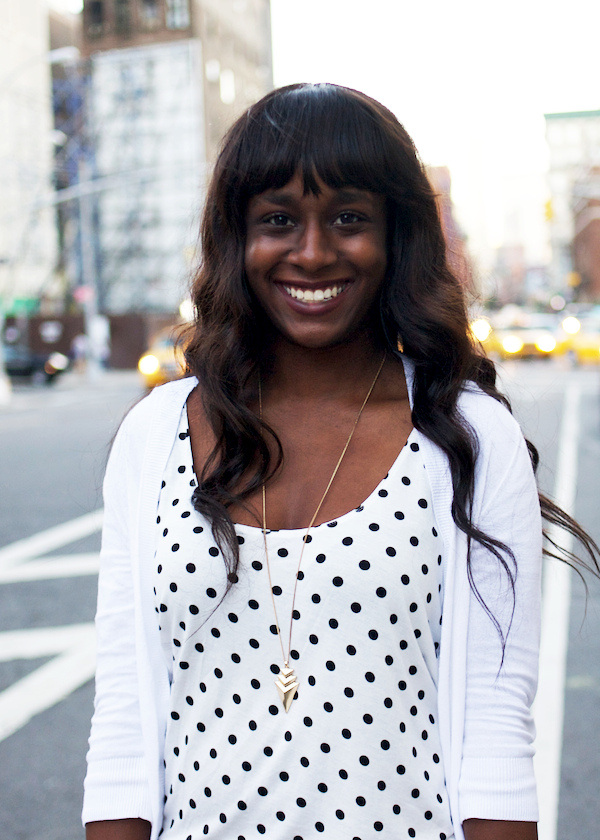 long black wavy hair, polka dot top, white cardigan, wavy hair with bangs, forever 21 necklace