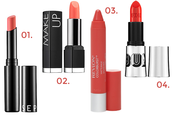 coral lips, coral lipstick, coral lip color, coral lipstick suggestions, sephora collection, revlon matte balm, makeup forever, buxom lipstick