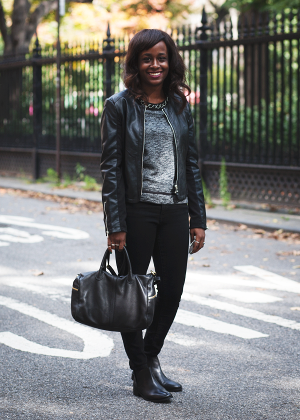 all black outfits, leather jacket, faux leather jacket, all black everything, leather satchel, embellished sweatshirt