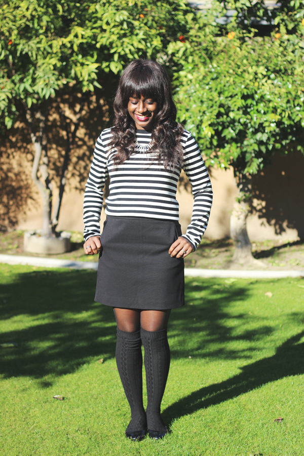 striped shirt, black mini skirt, knee high socks, skirt and knee high socks, classic stripes, stripes outfit