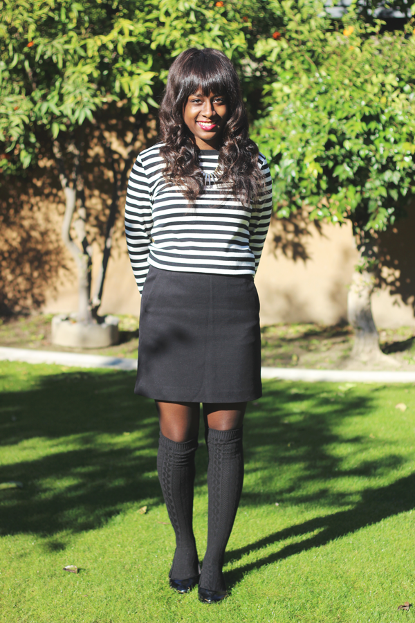 striped shirt, black mini skirt, knee high socks, skirt and knee high socks, classic stripes, stripes outfit