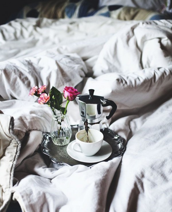 coffee, flowers, the little things, coffee, white sheets, relaxing weekend