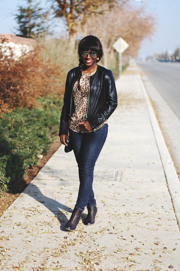 leopard and leather, faux leather jacket, leather outfit, leopard print