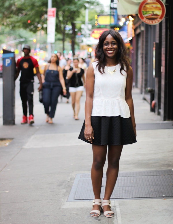 h&m peplum top, target quilted skirt, pink peplum top, black quilted mini skirt, nyfw outfit