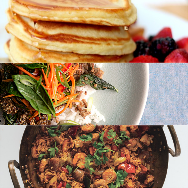 thai basil beef, breakfast lunch dinner, jambalaya, easy recipes, pancakes from scratch